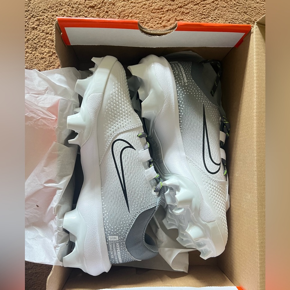 grey and white nike softball cleats, brand new